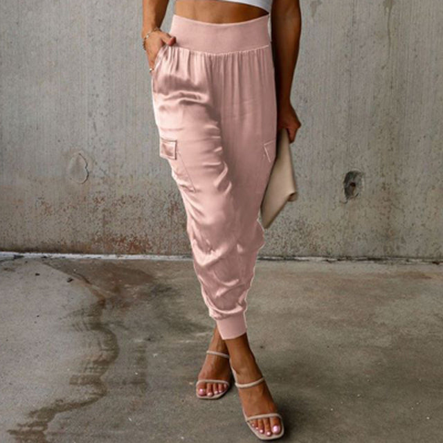 Pantalon cargo en satin taille haute pour femme – Pantalon élégant et décontracté