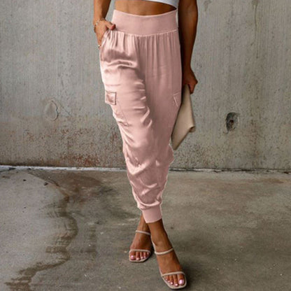 Pantalon cargo en satin taille haute pour femme – Pantalon élégant et décontracté