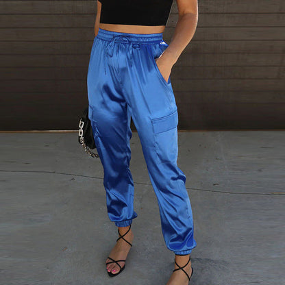 Pantalon cargo en satin taille haute pour femme – Pantalon élégant et décontracté
