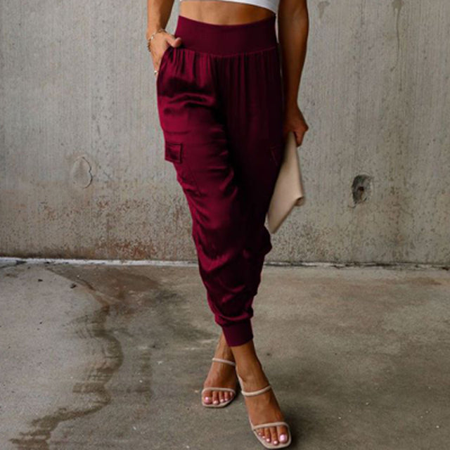 Pantalon cargo en satin taille haute pour femme – Pantalon élégant et décontracté