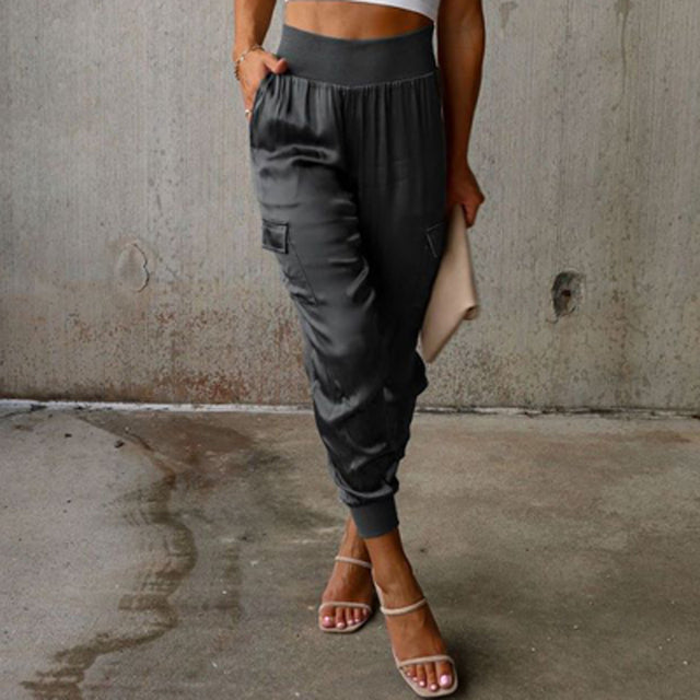 Pantalon cargo en satin taille haute pour femme – Pantalon élégant et décontracté