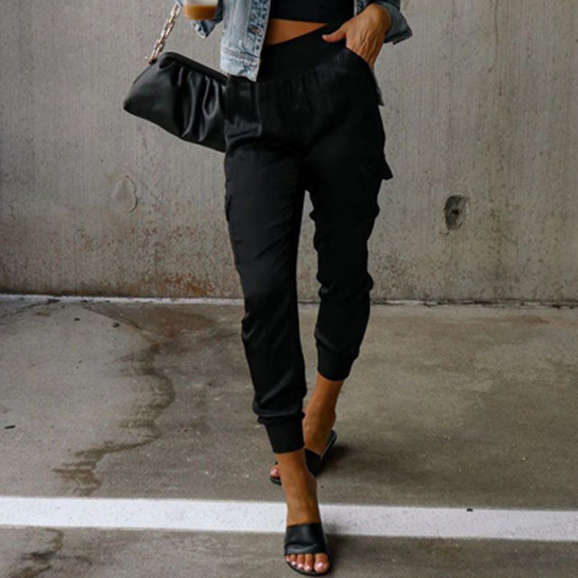 Pantalon cargo en satin taille haute pour femme – Pantalon élégant et décontracté