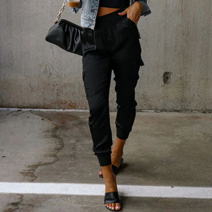 Pantalon cargo en satin taille haute pour femme – Pantalon élégant et décontracté