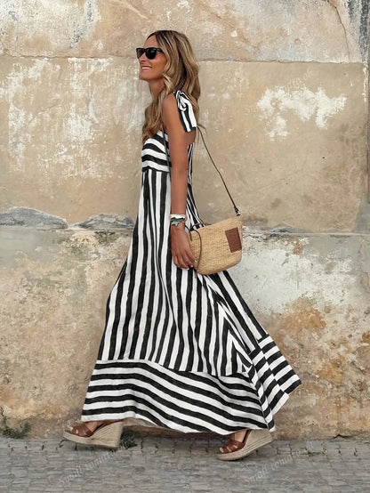 Women's Maxi Dress with Stripes and Thin Straps - Lightweight and Summery