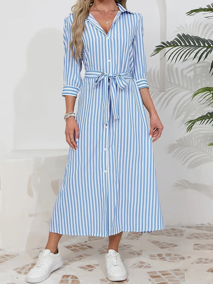 Women's Striped Midi Shirt Dress with Tied Waist - Chic and Casual