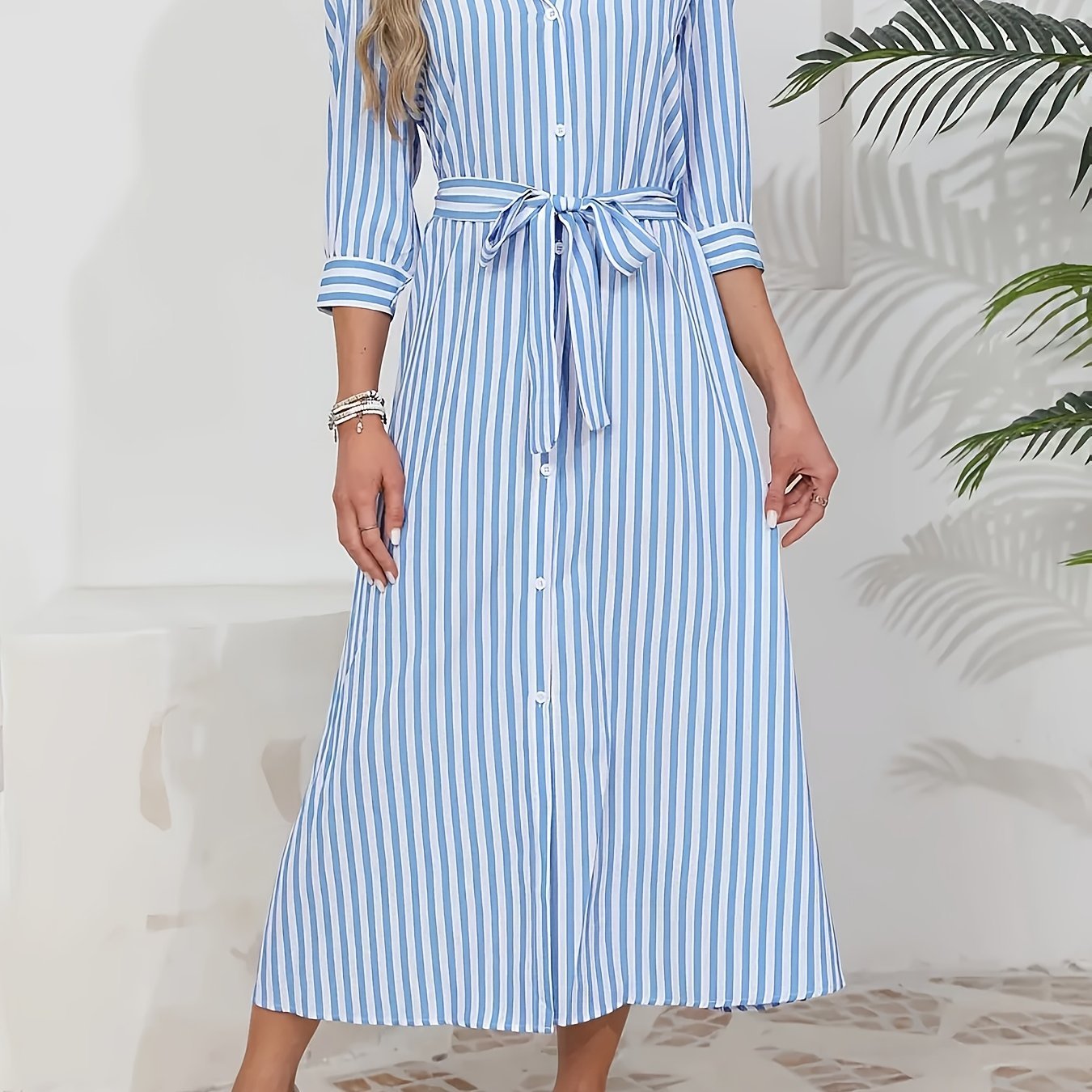 Women's Striped Midi Shirt Dress with Tied Waist - Chic and Casual