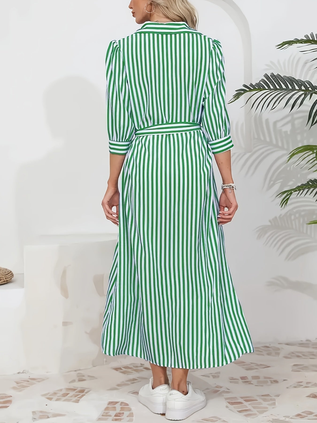 Women's Striped Midi Shirt Dress with Tied Waist - Chic and Casual