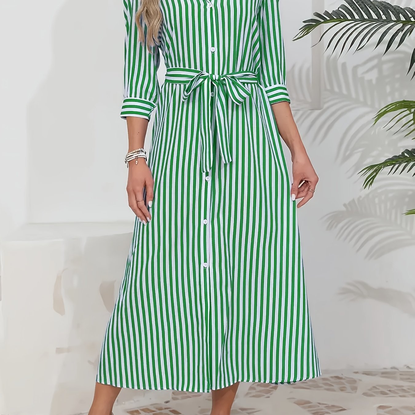 Women's Striped Midi Shirt Dress with Tied Waist - Chic and Casual