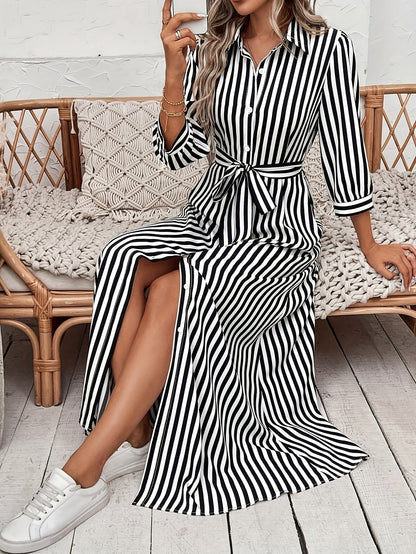 Women's Striped Midi Shirt Dress with Tied Waist - Chic and Casual