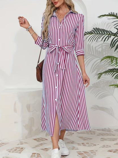 Women's Striped Midi Shirt Dress with Tied Waist - Chic and Casual