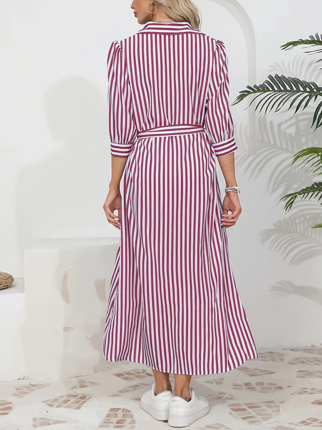 Women's Striped Midi Shirt Dress with Tied Waist - Chic and Casual