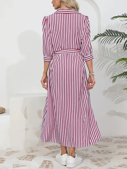 Women's Striped Midi Shirt Dress with Tied Waist - Chic and Casual
