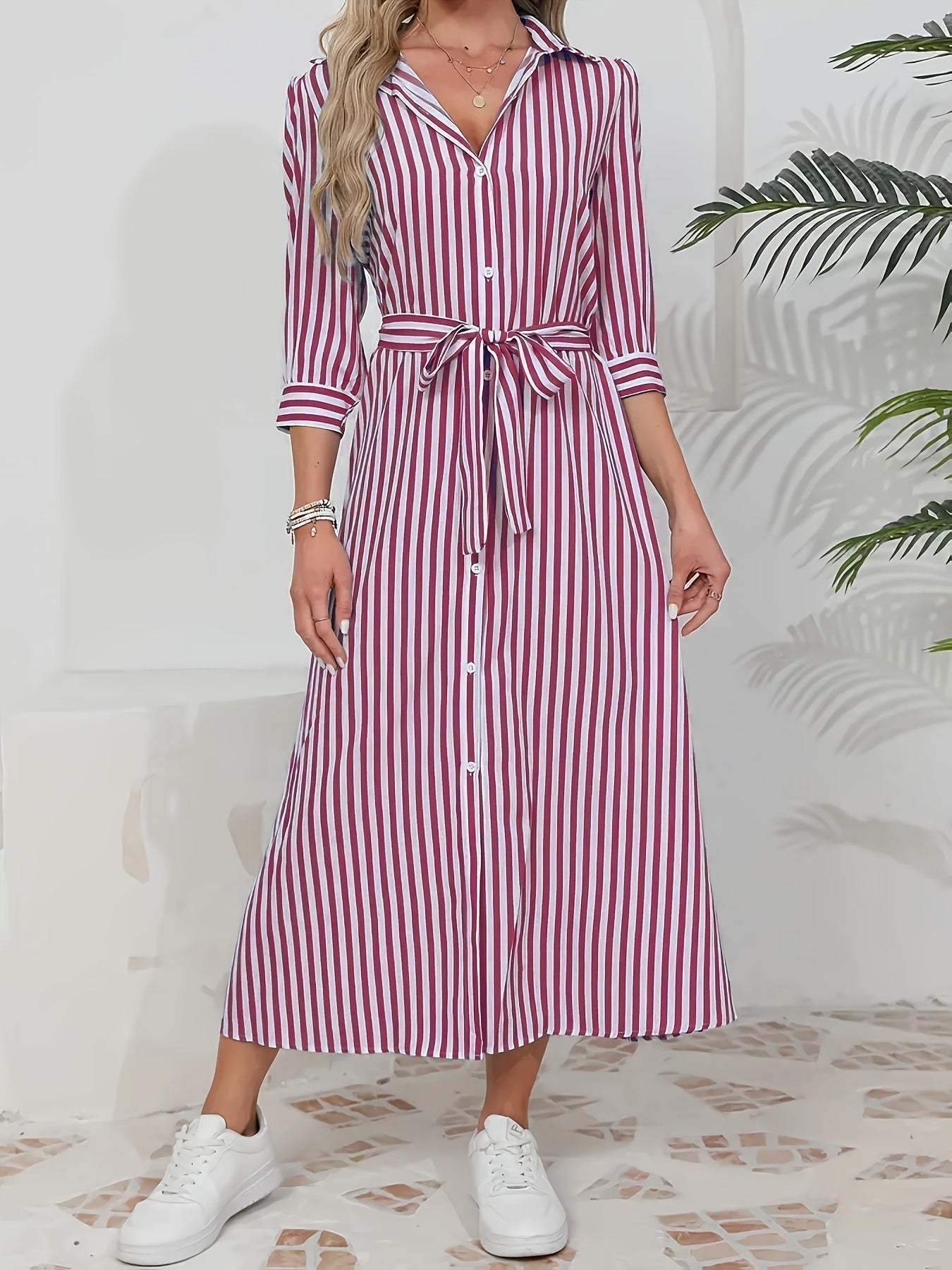 Women's Striped Midi Shirt Dress with Tied Waist - Chic and Casual