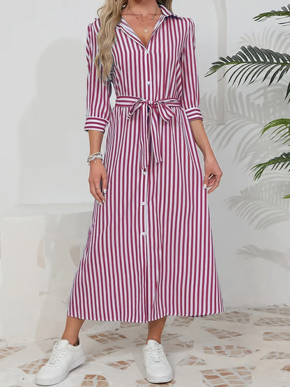 Women's Striped Midi Shirt Dress with Tied Waist - Chic and Casual