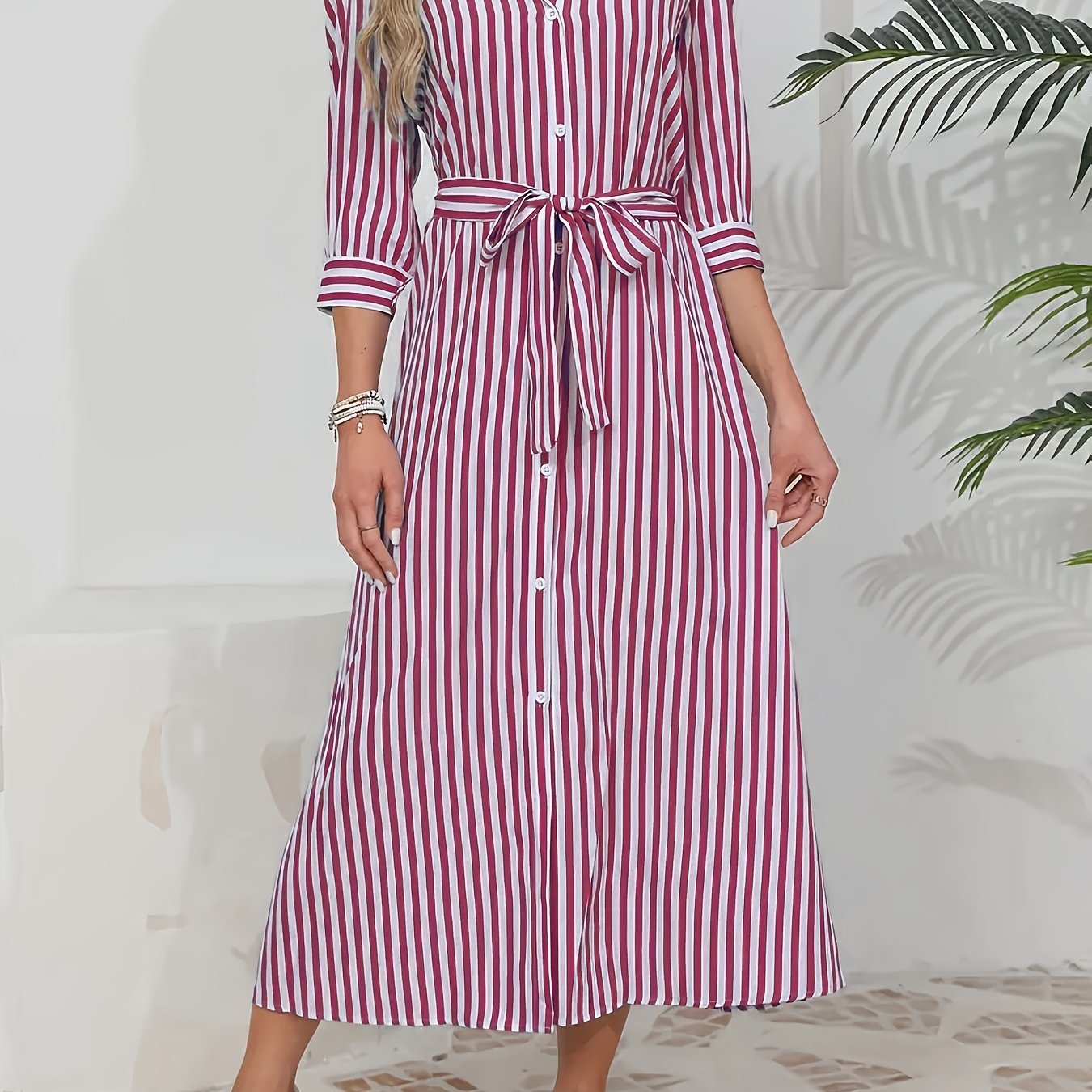 Women's Striped Midi Shirt Dress with Tied Waist - Chic and Casual