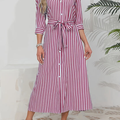 Women's Striped Midi Shirt Dress with Tied Waist - Chic and Casual