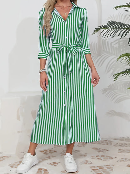 Women's Striped Midi Shirt Dress with Tied Waist - Chic and Casual