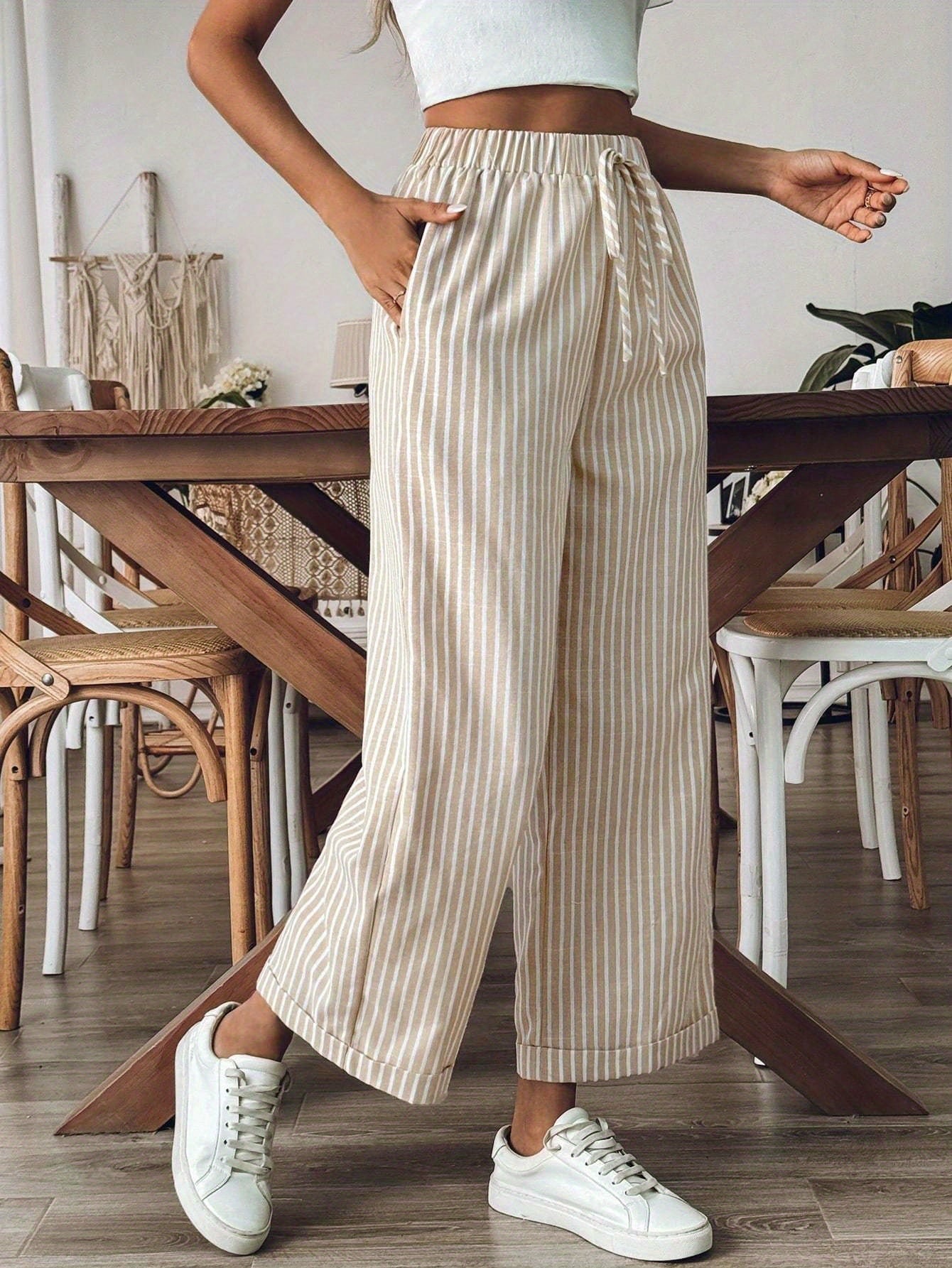 Wide striped linen pants for women - Flowing and casual