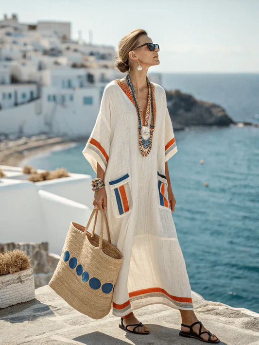 Robe Maxi Kaftan Décontractée Femme – Été Bohème Col V avec Manches Mi-Longues