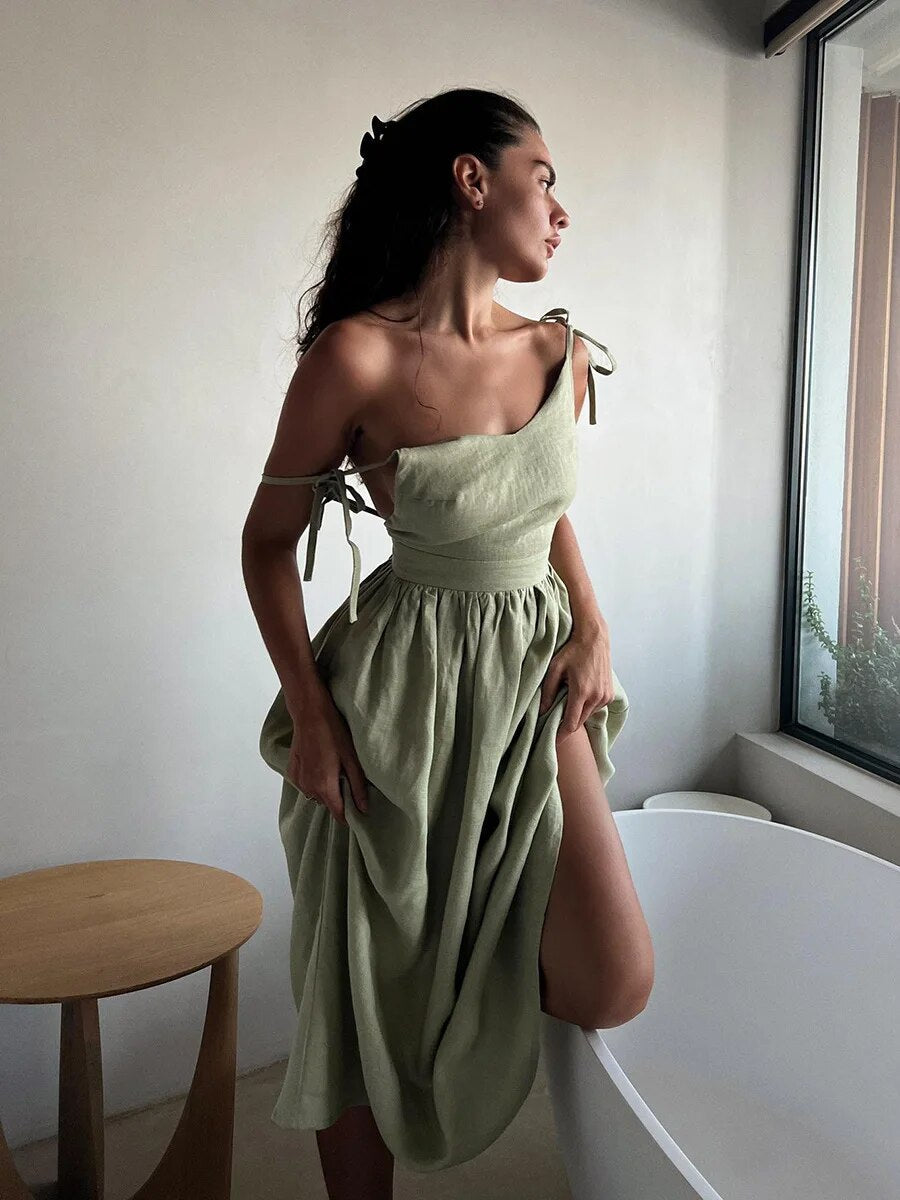 Robe d’Été Élégante en Lin Femme – Coupe Évasée Maxi Sans Manches Dos Nu