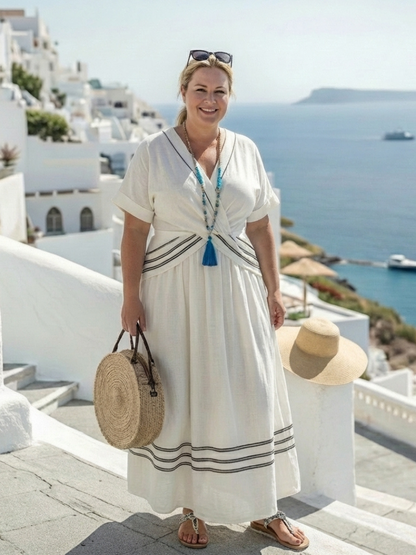 Robe midi portefeuille femme à col V – Manches courtes rayées