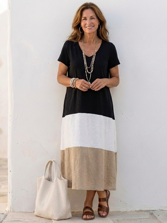 Abito midi donna color block con scollo a V – Maniche corte e taglio fluido