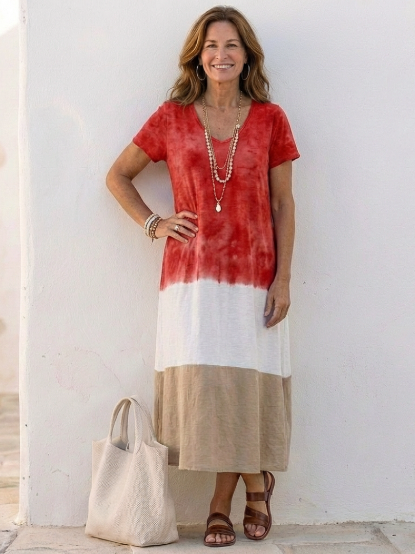 Robe midi femme color block à col V – Manches courtes et coupe fluide
