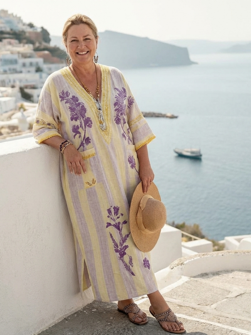 Robe maxi fleurie rayée femme à col V – Manches mi-longues et coupe fluide