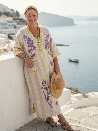 Robe maxi fleurie rayée femme à col V – Manches mi-longues et coupe fluide