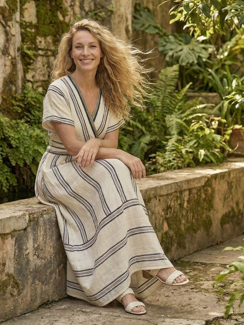 Women's Midi Dress with V-Neck and Short Sleeves - Wrap Style and Flattering