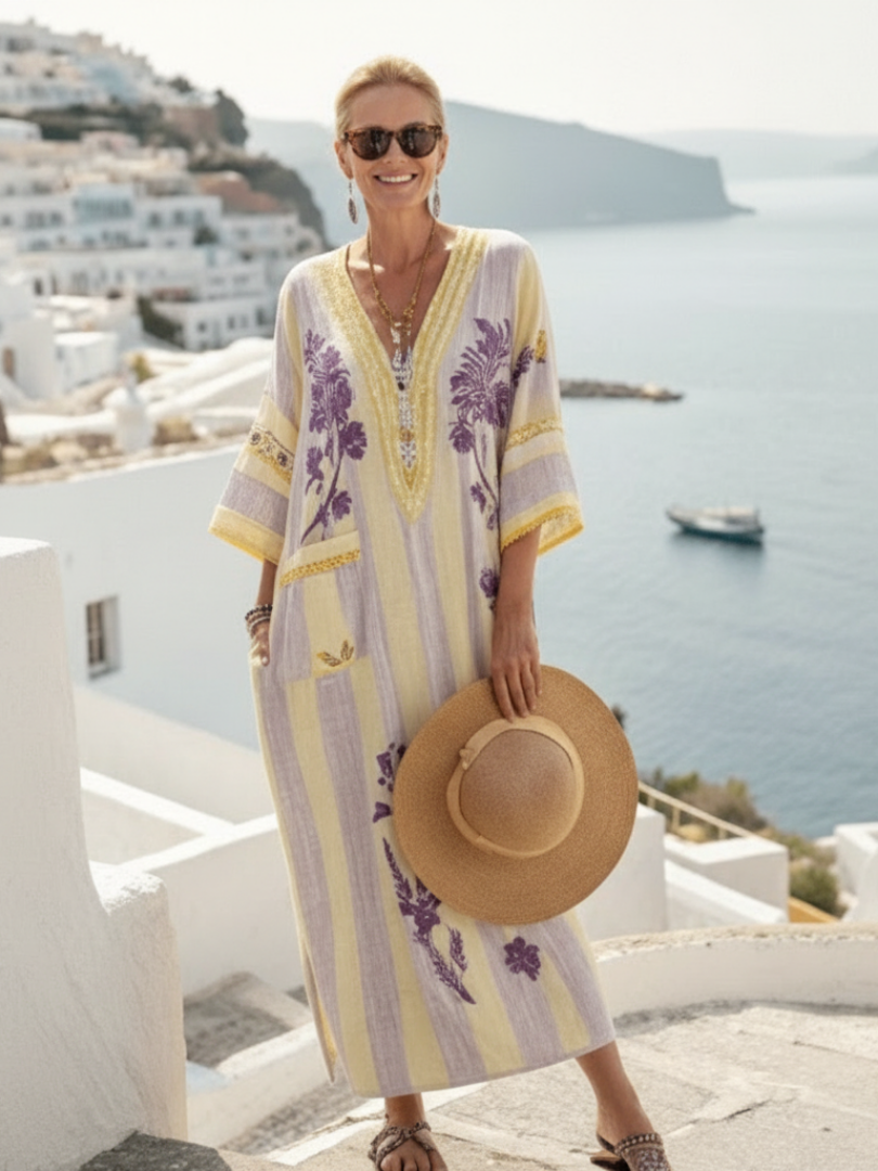 Robe maxi fleurie rayée femme à col V – Manches mi-longues et coupe fluide