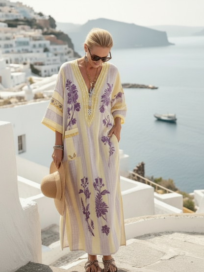 Robe maxi fleurie rayée femme à col V – Manches mi-longues et coupe fluide