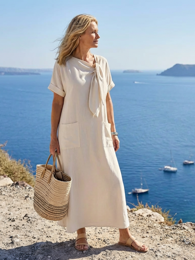 Robe maxi femme à poches et manches courtes – Col rond et coupe fluide