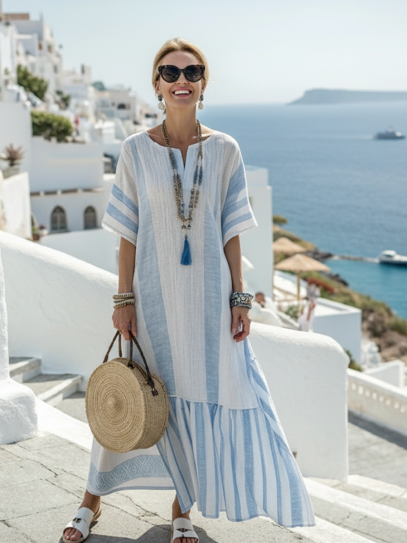 Robe maxi rayée femme à manches courtes – Col rond et allure décontractée