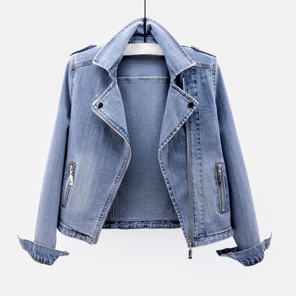 Veste en Jean Élégante Femme – Coupe Slim avec Fermeture Éclair Courte