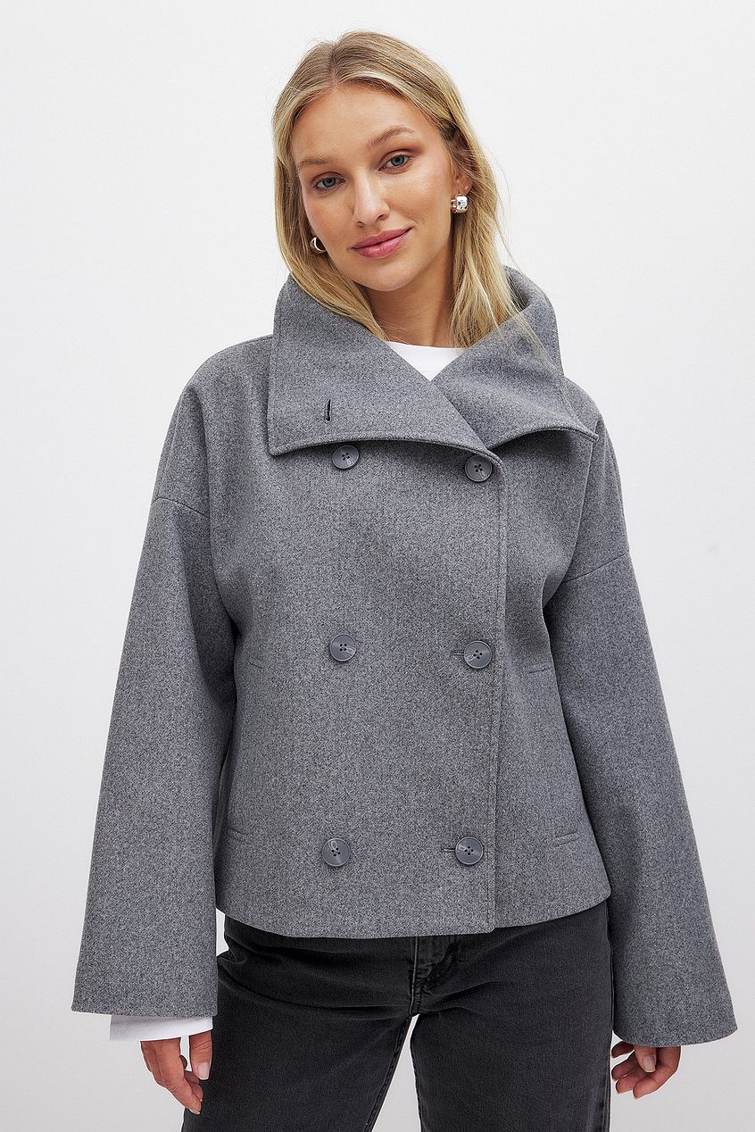 Veste Courte Femme en Laine à Double Boutonnage – Manteau Gris Élégant et Chaud