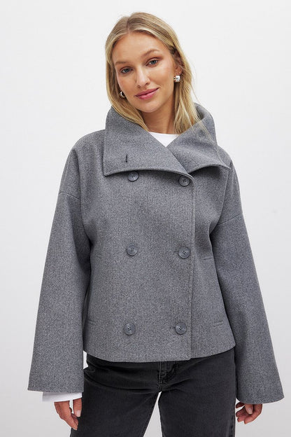 Veste Courte Femme en Laine à Double Boutonnage – Manteau Gris Élégant et Chaud