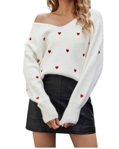 Pull col V élégant à motif cœur pour femme – Tricot coupe décontractée