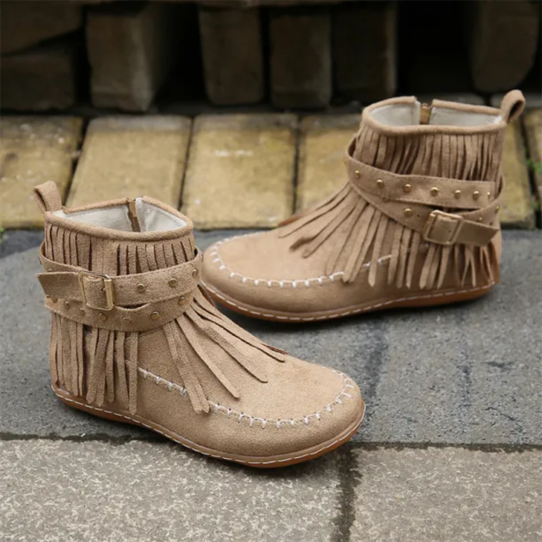 Femmes Botte Cheville Franges Suédées Vintage – Audacieuses, Élégantes