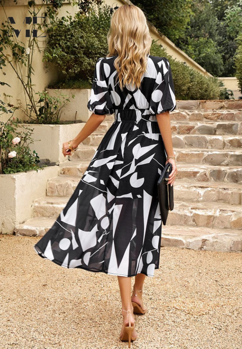 Robe Midi Femme à Imprimé Abstrait Coloré – Robe Bohème Col V