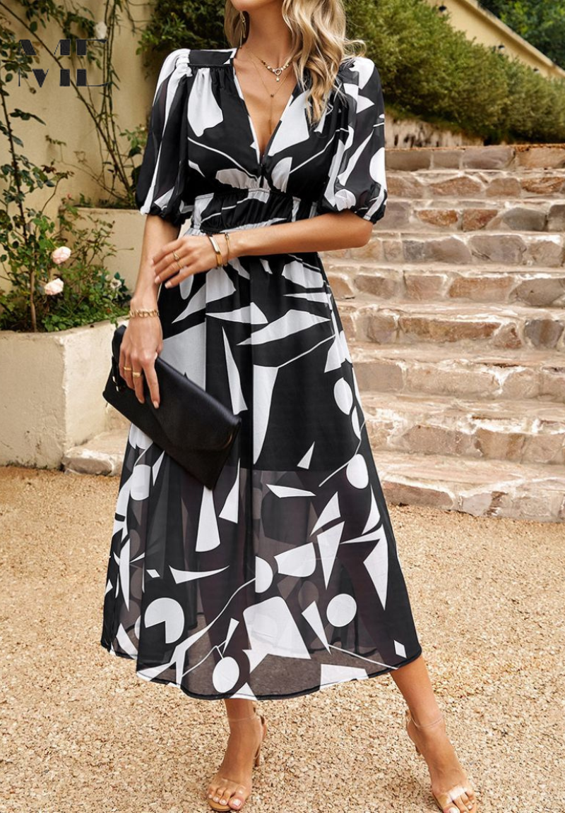 Robe Midi Femme à Imprimé Abstrait Coloré – Robe Bohème Col V