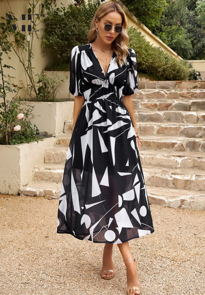 Robe Midi Femme à Imprimé Abstrait Coloré – Robe Bohème Col V