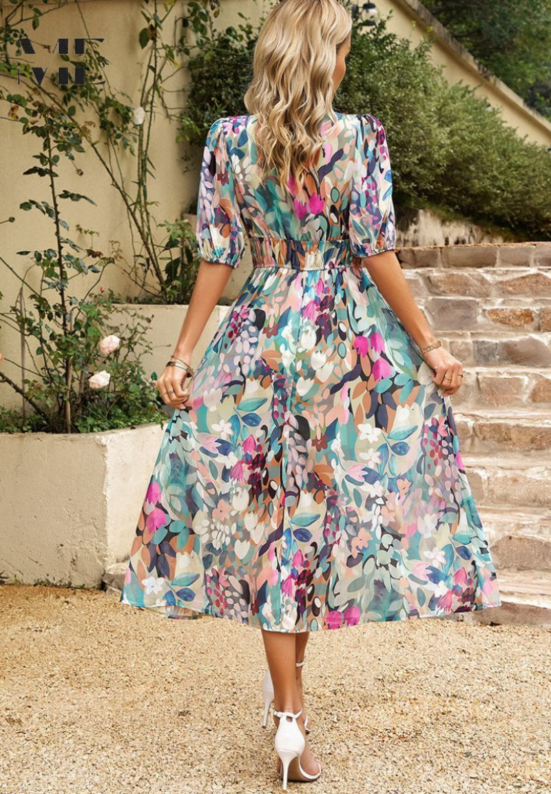 Robe Midi Femme à Imprimé Abstrait Coloré – Robe Bohème Col V