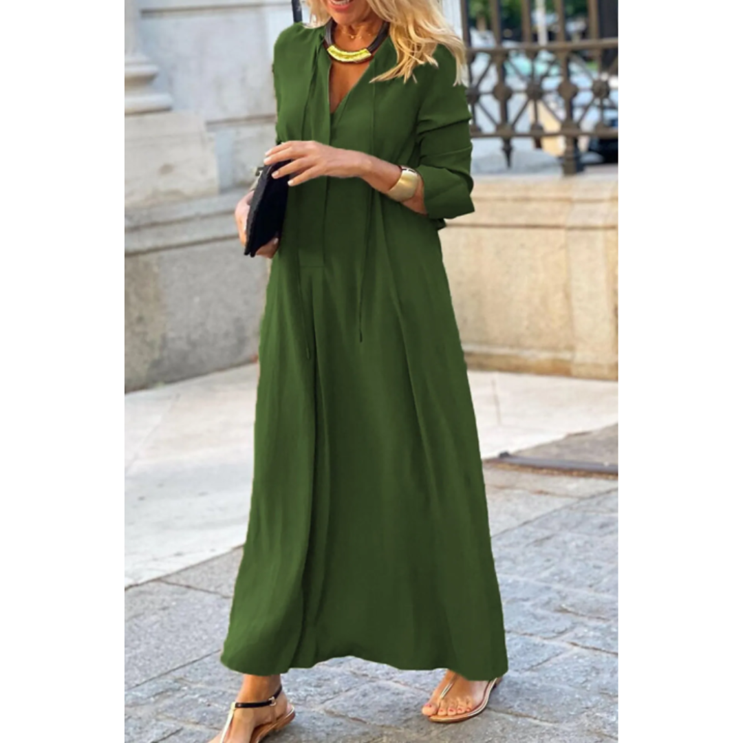Robe Maxi Élégante à Col V pour Femme – Robe Longue à Manches Longues et Coupe Évasée