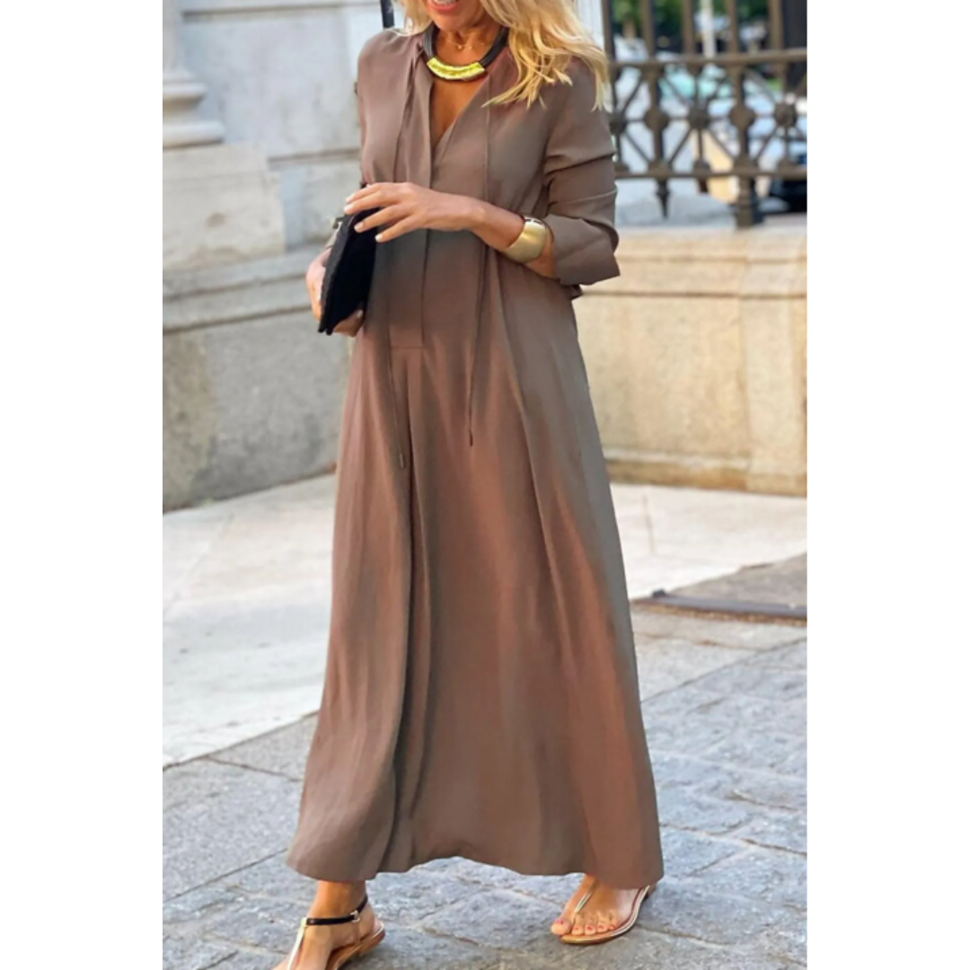 Robe Maxi Élégante à Col V pour Femme – Robe Longue à Manches Longues et Coupe Évasée