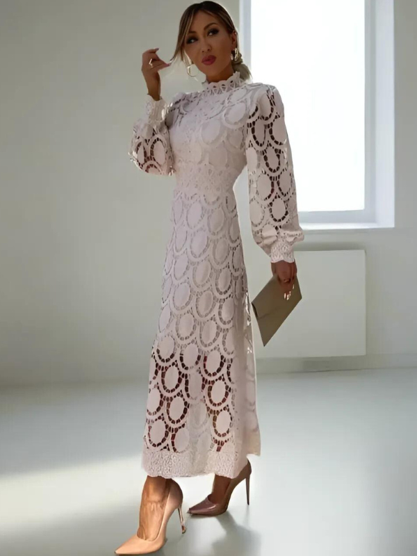 Robe Midi en Dentelle Blanche Élégante Femme – Manches Longues Coupe A-Line