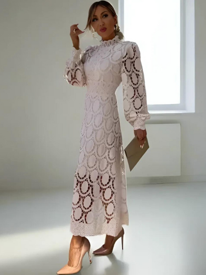 Robe Midi en Dentelle Blanche Élégante Femme – Manches Longues Coupe A-Line