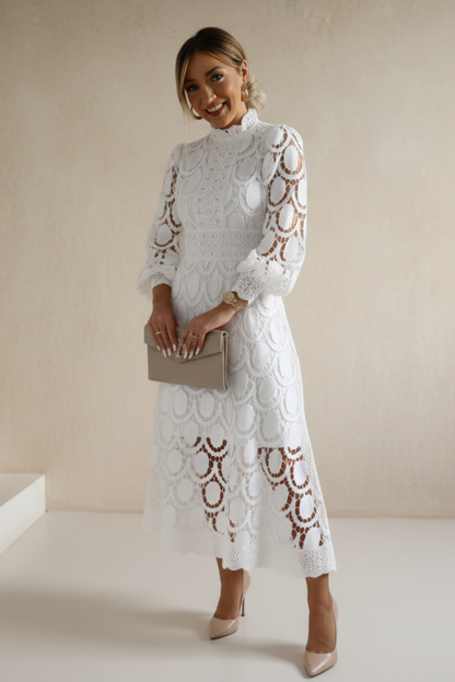 Robe Midi en Dentelle Blanche Élégante Femme – Manches Longues Coupe A-Line