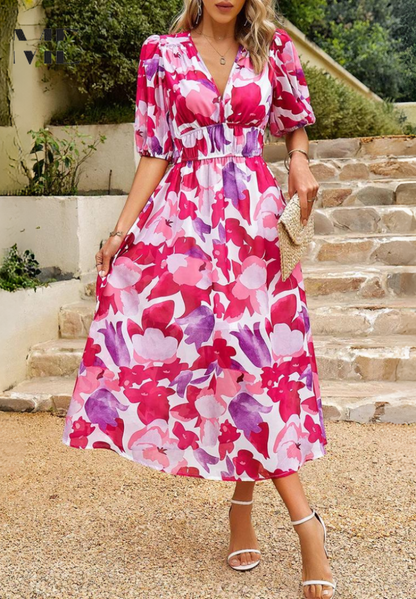 Robe Midi Femme à Imprimé Abstrait Coloré – Robe Bohème Col V