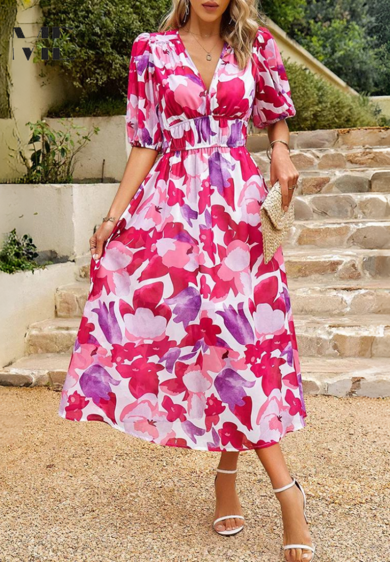Robe Midi Élégante à Fleurs avec Manches Bouffantes pour Femme
